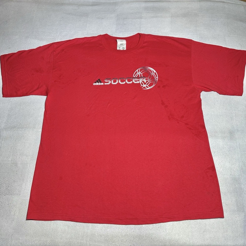 Vintage 1990s Adidas Soccer Center Print Red T-Shirt Mens Size 2XL USA Made